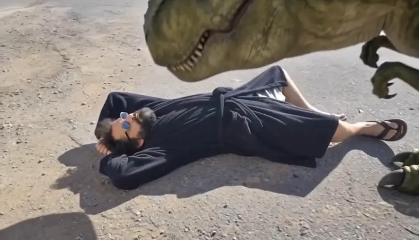 Santiago spawns an alternative universe clone and smokes a cigarette with a dinosaur. 